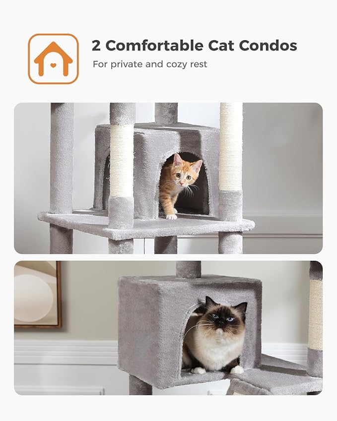 Tall Cat Tree 70.9", Large Cat Tree for Indoor Cats, Multi-Level Plush Cat Condo with 6 Scratching Posts, 2 Scratching Boards, 2 Perches, 2 Caves, Hammock, 2 Pompoms, Gray