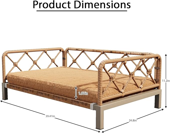 Outdoor Wicker Dog Bed Indoor Rattan Dogs Sofa with Soft Cushion, Dog Couch & Furniture, Pet Bed with Crate Pad(Brown Wicker and Cushion, Large and Medium)