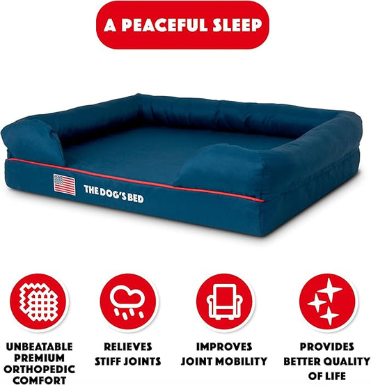 The Dog’s Bed, Large Blue Oxford with Red Trim USA Flag Dog Bed 36x27 Memory Foam, Pain Relief: Arthritis, Post Surgery, Lameness, Supportive, Calming, Waterproof Washable Cover, Veterinary Approved