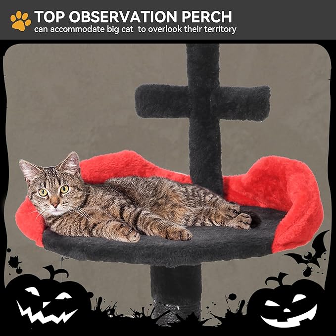 YITAHOME Gothic Cat Tree with Coffin Bed, 38.6" Indoor Cat Tower Featuring Spacious Condo, Spider Hanging Ball, Scratching Post, Black Halloween