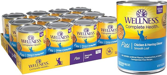 Wellness Complete Health Pate Adult Wet Cat Food, Natural, Protein-Rich, Grain Free, 12.5 Ounce, 12 Pack, (Chicken & Herring)