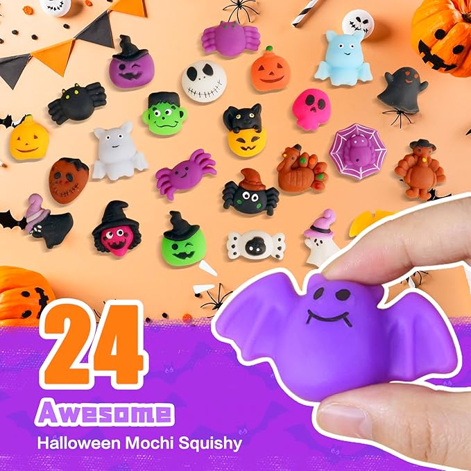 24Pcs Halloween Mochi Squishy Toys Stress Relief Squishies for Kids Girls Boys Halloween Party Favors Halloween Treat Bags Gifts