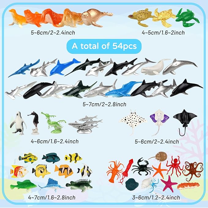 54 Pack Assorted Mini Vinyl Plastic Ocean Sea Animal Figures Toy Set, Realistic Under The Sea Life Figure Bath Gift for Child Educational Kids Party Cake Cupcake Topper