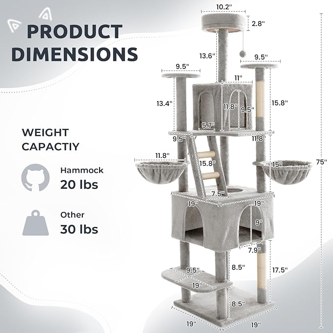 75.5" Cat Tree Tower for Indoor Cats Large Adult,Tall Modern Cat Tree for Big Cats, Plush Multi-Level Cat House Condos with Scratching Posts, Hammocks, Ladder (Light Grey)