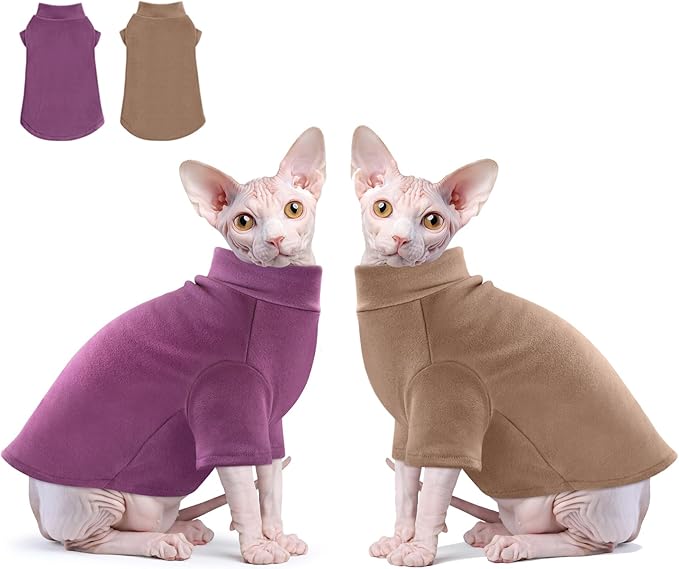 Idepet Sphynx Cats Sweater 2 Pack,Turtleneck Hairless Cat Shirt Soft and Warm Kitten Clothes with Sleeves Pullover Pet Winter Pajamas Jumpsuit for Cat Puppy (Purple&Brown, X-Large)