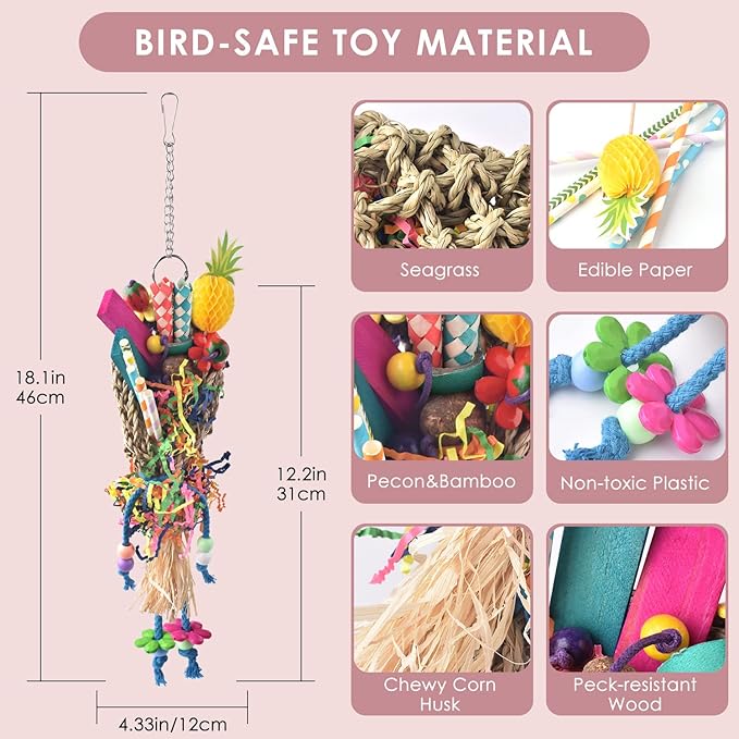 KATUMO Seagrass Basket Bird Toy with Array of Chewable Parrot Foraging Toys for Small Medium Parrot Birds