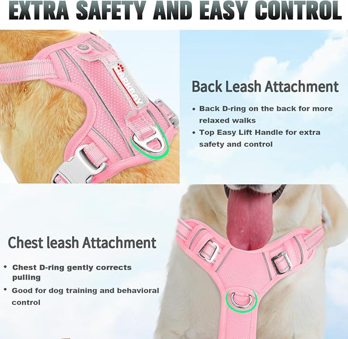 BARKBAY No Pull Dog Harness Large Reflective Dog Harness with Front Clip and Easy Control Handle for Walking Training Running with ID tag Pocket(Baby Pink,L)
