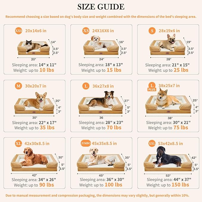 Comfort Expression XXL Orthopedic Dog Bed, Waterproof Dog Beds for Extra Large Dogs, Washable Pet Sofa Couch with Removable Cover & Non-Slip Bottom(XX-Large,Khaki)