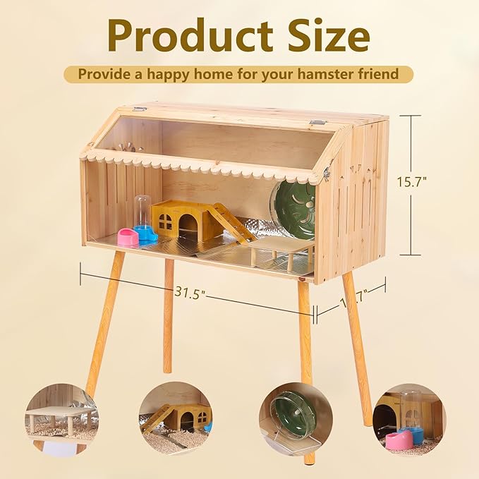 Brooder Box for Chicks Hamster Rat Cage Glass Bottom, Wooden Habitat Chew Proof Guinea Cages and Rat Habitat with Acrylic Sheets and Openable Top 31.5 X 15.7 X 15.7in
