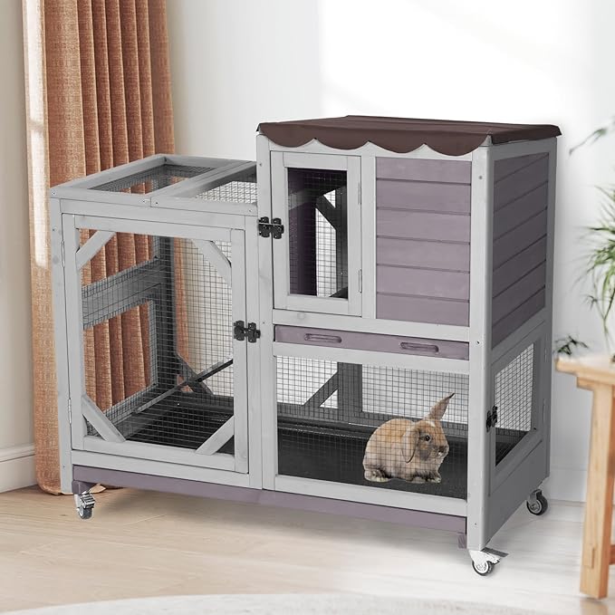 Aivituvin Rabbit Cage Indoor Bunny Hutch on Wheels Outdoor 2 Story Wood Guinea Pig House with 2 Deeper Pull Out Trays (Gray, 39" L x 22" W x 37" H)