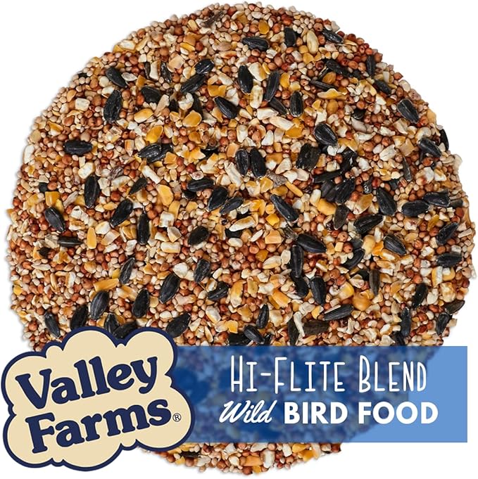Valley Farms Hi-Flite Wild Bird Food (5 LB) Outside feeders, Bird Seed with Millet, Crack Corn, Black Oil Sunflower Seeds Birds, Economy Bird Seed for Outside Feeders, Birdseed