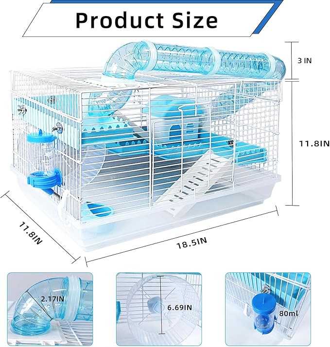 Tfwadmx Dwarf Hamster Cage Small Hamster Habitat Mouse Home Small Animal Cage with Tube Exercise Wheel Hut Rat Habitat for Gerbils Mice 18.5“x11.8”x11.8“ Transparent/Blue