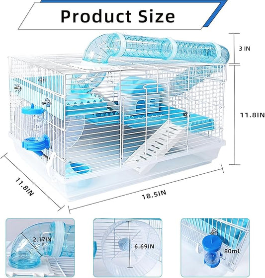 Tfwadmx Dwarf Hamster Cage Small Hamster Habitat Mouse Home Small Animal Cage with Tube Exercise Wheel Hut Rat Habitat for Gerbils Mice 18.5“x11.8”x11.8“ Transparent/Blue