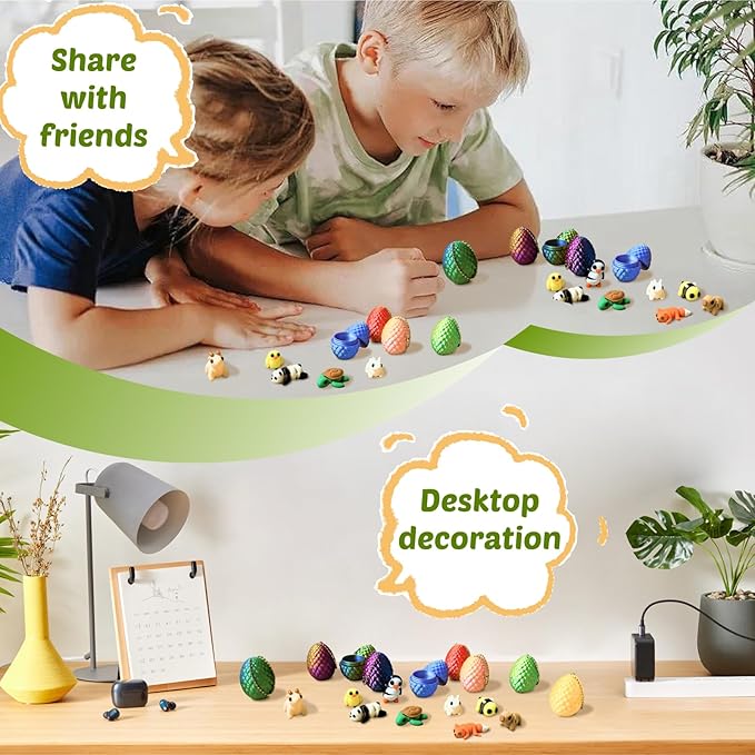 Mini 3D Printed Dragon Egg and 3D Printed Animals，Resin Figurines，Animal Miniature Figurines，Mini Egg Fillers，Teen Carnival Prizes (9pcs Set)