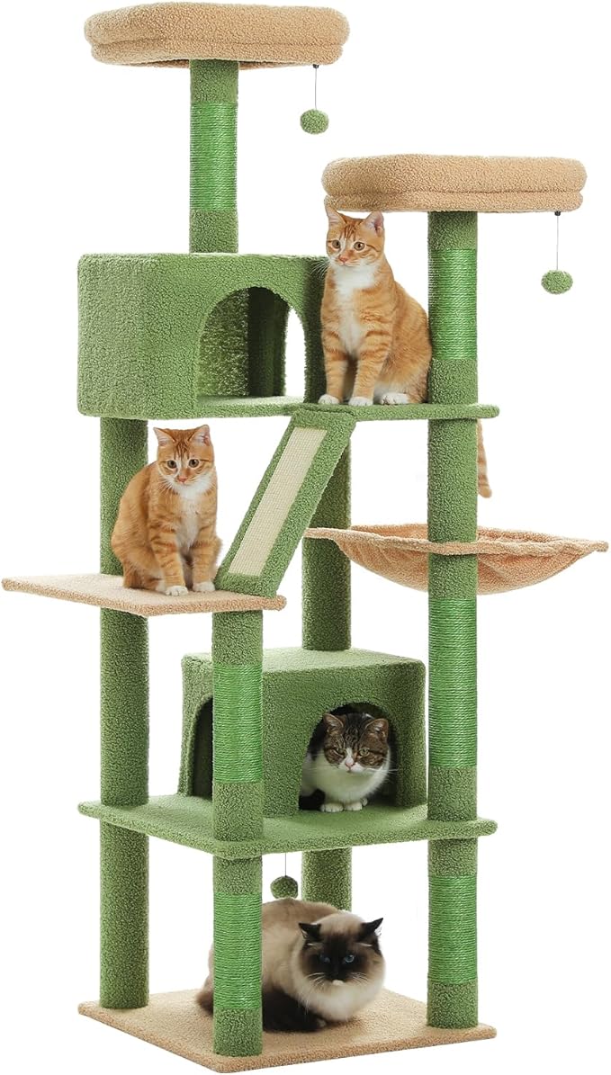 Cactus Cat Tree, 70.9" Tall Cat Tree for Indoor Cats, Large Cat Tree for Large Cats, Multi-Level Tall Cat Tower with 6 Scratching Posts, 2 Cat Condos, 2 Perches, Large Hammock, Pompoms, Green