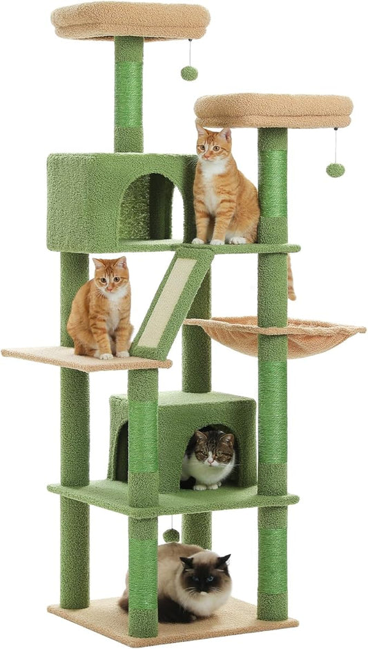 Cactus Cat Tree, 70.9" Tall Cat Tree for Indoor Cats, Large Cat Tree for Large Cats, Multi-Level Tall Cat Tower with 6 Scratching Posts, 2 Cat Condos, 2 Perches, Large Hammock, Pompoms, Green