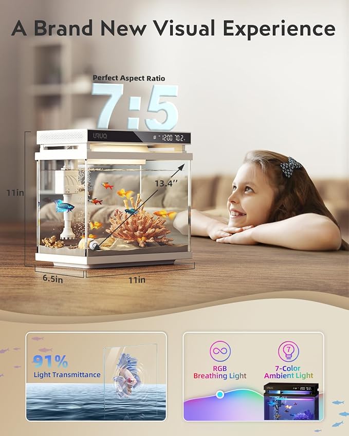 Fish Tank Smart Aquarium Kit: 2 Gallon UHD Glass Silent Water Pump Self Cleaning Multi-layer Filtration System - Temperature Sensing 7-color Lighting for Small Fish Betta Kids Room Desktop Decor White
