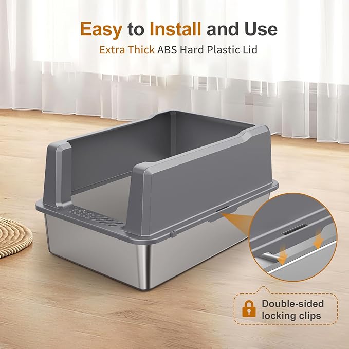 XXXL Stainless Steel Litter Box with Lid, 28" L x 20" W x 14" H Extra Large Cat Litter Box, Enclosure Metal Cat Litter Pan with High Side, Non-Stick, Anti-Leakage, Easy Clean for Big and Multiple Cats