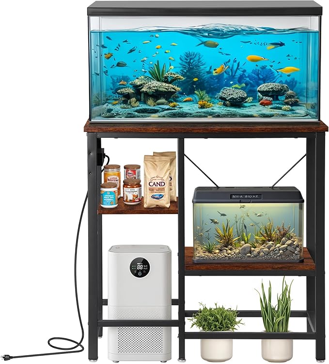 20-29-37 Gallon Fish Tank Stand with Power Outlet, Metal Aquarium Stand with Adjustable Shelves, 6-Leg Heavy Duty Reptile Storage Rack for Living Room, Office, Rustic Brown, 400LBS Capacity
