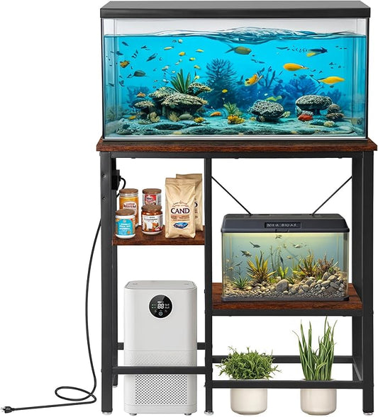 20-29-37 Gallon Fish Tank Stand with Power Outlet, Metal Aquarium Stand with Adjustable Shelves, 6-Leg Heavy Duty Reptile Storage Rack for Living Room, Office, Rustic Brown, 400LBS Capacity