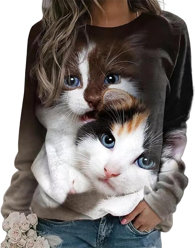 IVERIRMIN Women's 3D Cute Cat Print Sweatshirt Casual Long Sleeve Crewneck Cute Cat Pullover Loose Fit Shirts