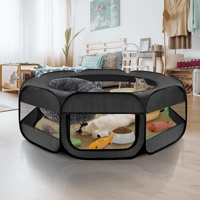 UWE Large Small Animal Playpen, XL Portable Pet Playpen for Rabbit, Kitten, Guinea Pig, Hamster, Puppy – Waterproof Foldable Mesh Tent with Zipper Cover, Indoor Outdoor Use, Dark Grey