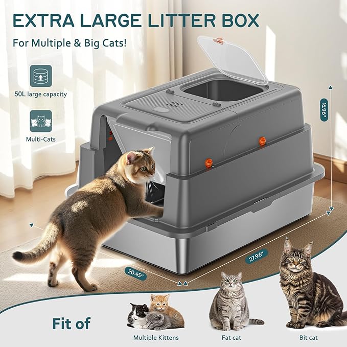 Stainless Steel Litter Box with Lid, 28" XXXL Large Cat Litter Box Enclosed for Multiple Cats, Odor Control with Carbon Filters, Anti-Leak High Sided, Includes Removable Lid & Scoop, Dark Gray