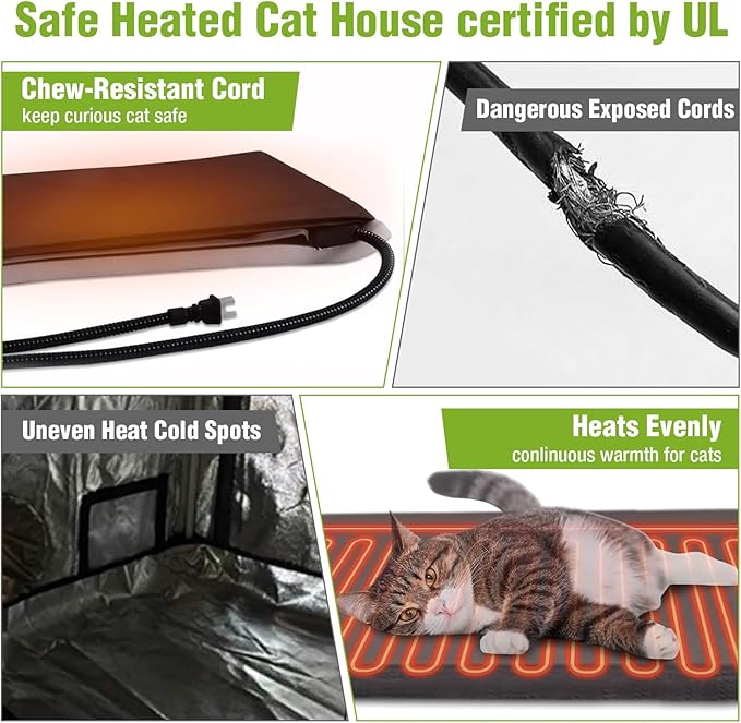 GUTINNEEN Heated Cat House for Outside, 2-Story Wooden Cat House Weatherproof for Winter Outdoor Feral Cat Shelter with Heater and Insulated Liner, Brown