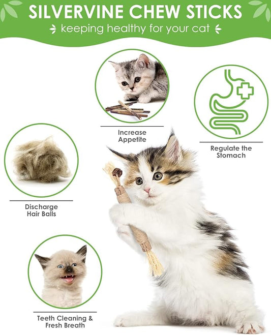 TINDTOP Silvervine Chew Sticks for Cats, 12 Pack Natural Catnip Chew Toys for Kittens Teeth Cleaning, Matatabi Dental Care, Increase Appetite, Calm Cat Anxiety and Stress, Cat Dental Toy