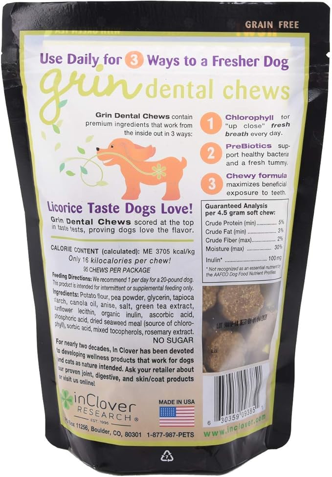 In Clover Natural Dental Treat, Grin, Fresh Breath Dog Chew Treat with Prebiotics, Fresh Breath Tartar Control, Daily Chew Supplement for Dogs Supports Dog Gums and Teeth
