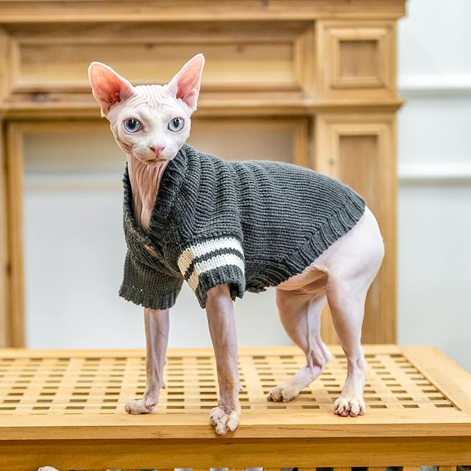EXPAWLORER Cat Sweater Cardigan - Stylish Knitted Cat Clothes, British Style Soft Puppy Sweater with Sleeve Warm Pet Clothing Knitwear, Fall and Winter Kitten Coat for Girl Boy Cats, Grey Medium