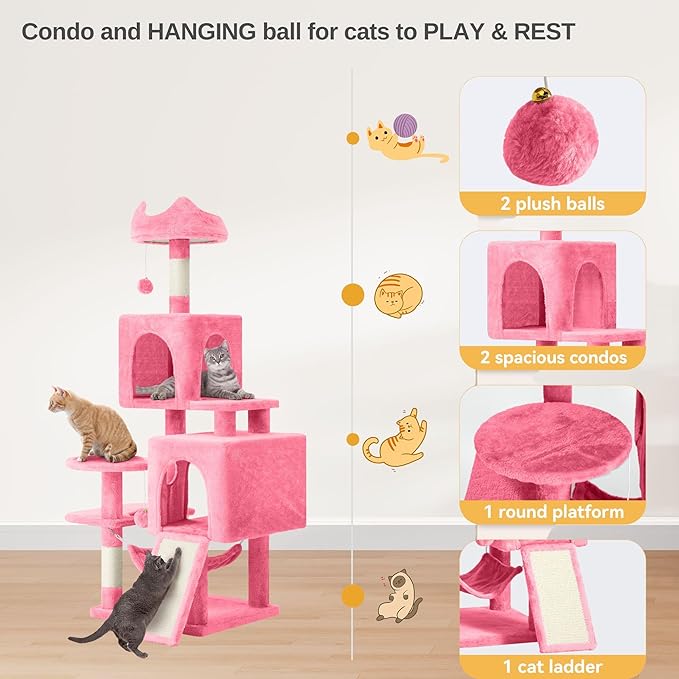 DWVO 54 in Multi-Level Cat Tower: Cats Tree for Indoor Kittens, Pet Furniture with Kitty Condos, Sisal Scratching Posts, Plush Perches, Cozy Hammock, Pink