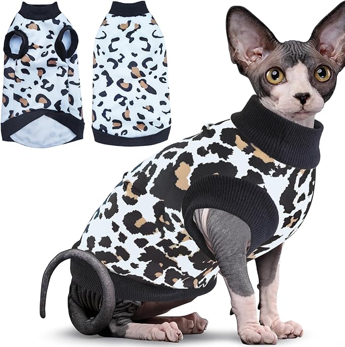 Idepet Cat Clothes Kitten Sweater Soft Kitten Shirt Cute Leopard Print Kitty Vest Pullover Pajamas Jumpsuit Cotton Apparel for Hairless Cats &Puppy (White,L)