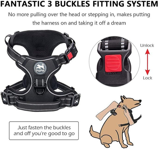 PoyPet Dog Harness and Leash Combo, Escape Proof No Pull Vest Harness, with 5 Feet Leash, Reflective Adjustable Soft Padded Pet Harness with Handle for Small to Large Dogs(Black,L)