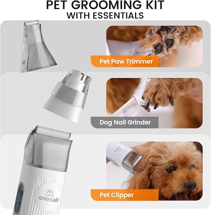 oneisall Dog Grooming Vacuum, Pet Grooming Vacuum with Clipper Nail Grinder, 1.5L Dust Cup Dog deshedding Vacuum Brush with 7 Pet Grooming Tools for Shedding Pet Hair, Home Cleaning（Grey）