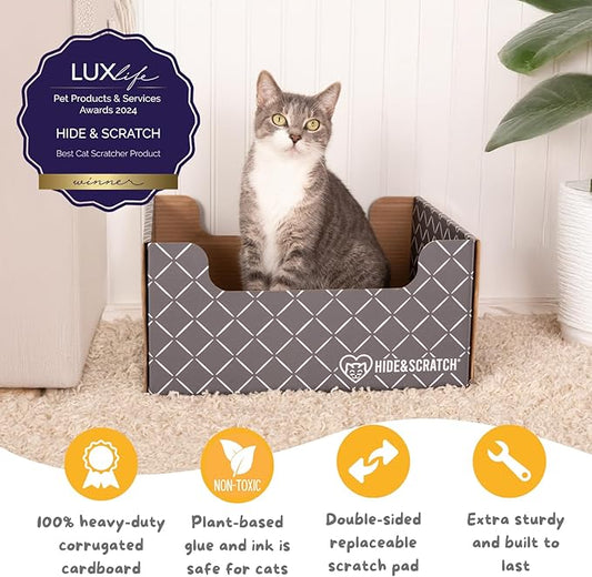 HIDE & SCRATCH Cardboard Cat Scratcher; Cat Scratcher Box and Bed with Refillable Double-Sided Cardboard Scratch Pad for Indoor Cats