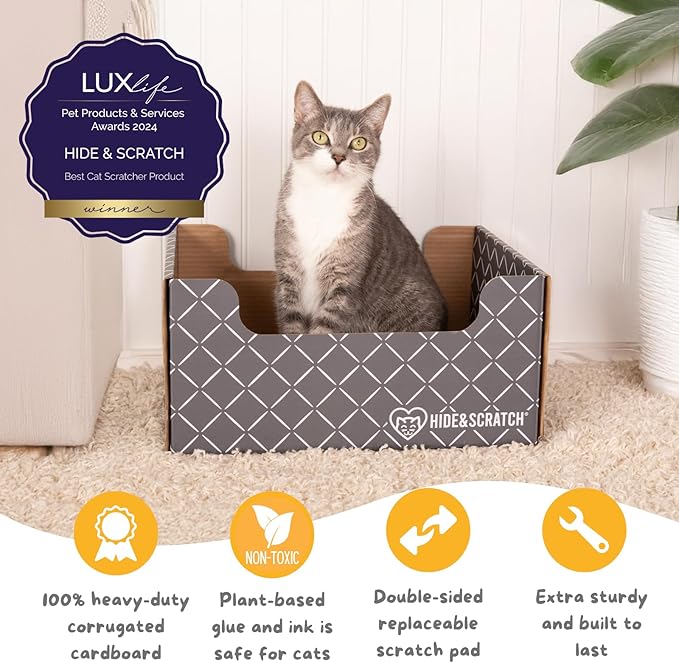 HIDE & SCRATCH Cardboard Cat Scratcher; Cat Scratcher Box and Bed with Refillable Double-Sided Cardboard Scratch Pad for Indoor Cats