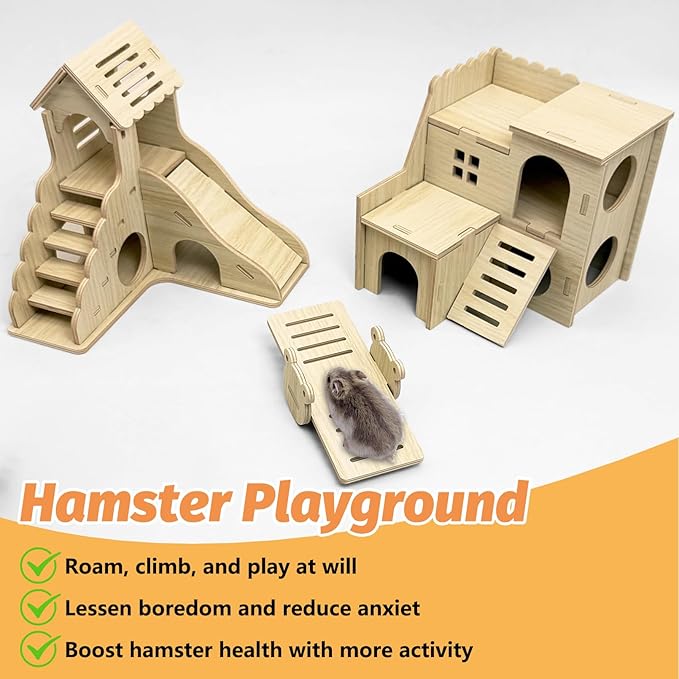 BNOSDM Wood Hamster House Dwarf Hamster Natrual Hideout with Ladder Gerbils Climbing Exploring Seesaw Toys Cage Accessories for Syrian Hamsters Mouse Mice