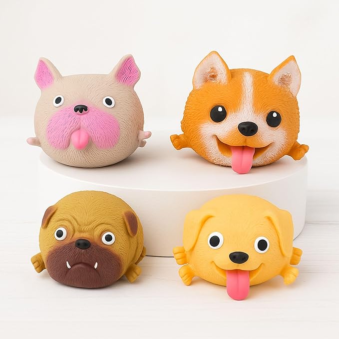 Farm Fresh Skwishy Pups – 4-Pack Dog-Themed Fidget Balls for Kids – Sensory Stress Relief Toy Set with Pug, French Bulldog, Corgi, and Labrador – Travel Squishy Toys, Party Favors Idea