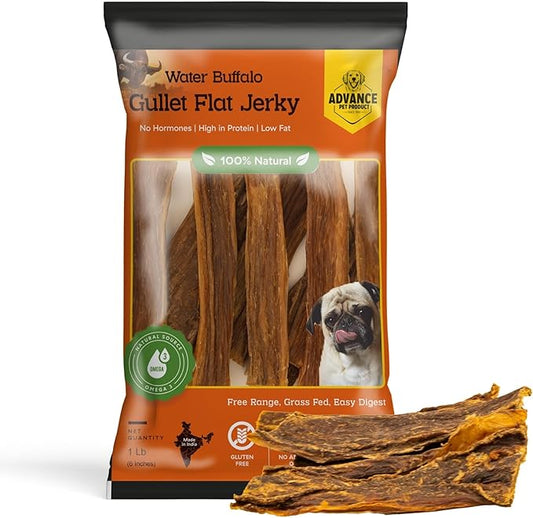 Gullet Flat Jerky (6" Long, 30 Count/Pack) Buffalo Dog Treats for Large, Medium & Small Breed, Healthy Training Treats for Dogs, Gluten Free & Odor Free, Easily Digestible - 1lb