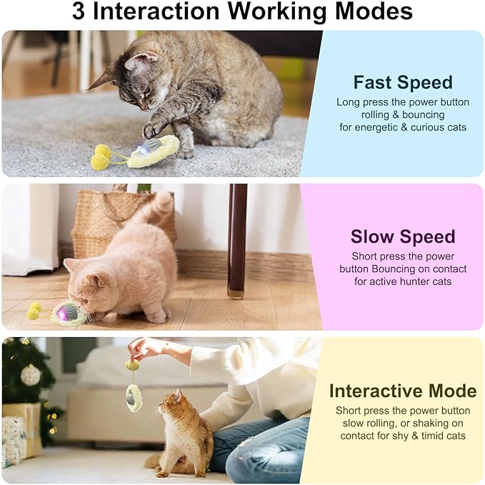Interactive Cat Toys for Indoor Cats, Automatic Motion Cat Toy in Pouch Fast Rolling Ball in Play Mat Hide and Seek Mouse Catching Game with Chirping Stimulation,Led Light,Auto On/Off(Grey)
