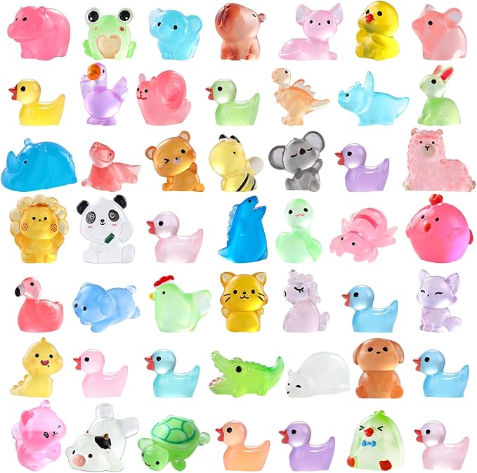 60PCS Luminous Mini Resin Animals 60 Styles Miniatures Glow in The Dark Tiny Little Figures to Hide Small Duck Figures for Party Favors Bag Fillers Garden Dollhouse Decor