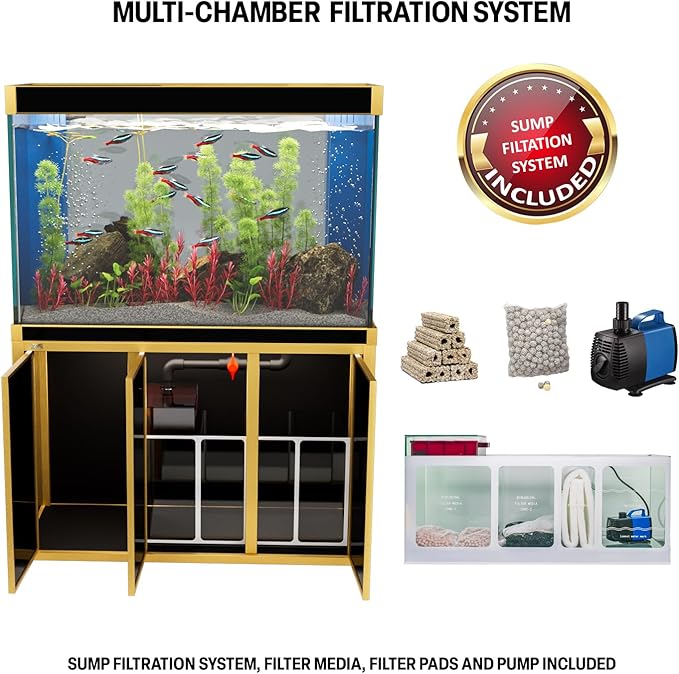 175 Gallon Aquarium Fish Tank with Upright Fishtank Stand Water Pump Freshwater Filter LED Bundle and Straight Corners Clear Glass - Black with Gold Trims