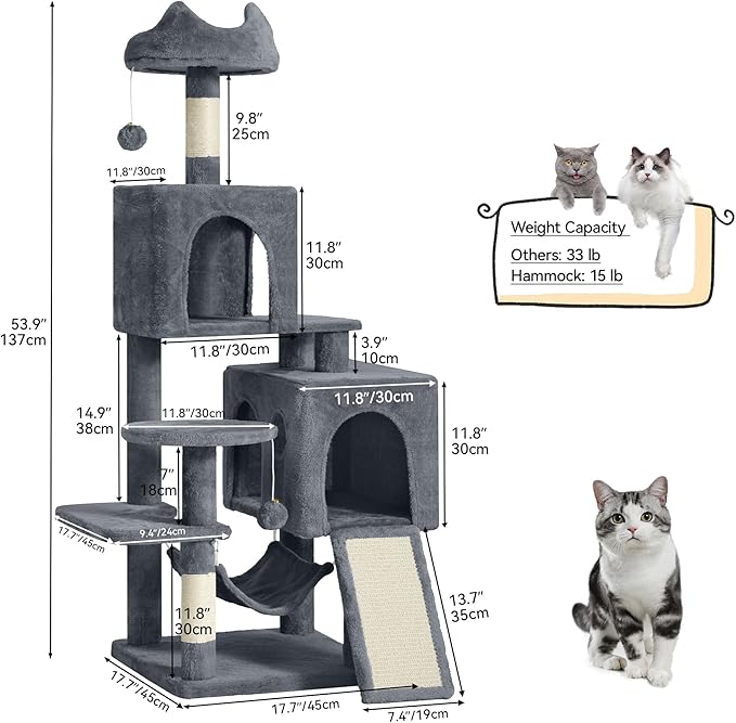 DWVO 54 in Multi-Level Cat Tower: Cats Tree for Indoor Kittens, Pet Furniture with Kitty Condos, Sisal Scratching Posts, Plush Perches, Cozy Hammock, Dark Gray
