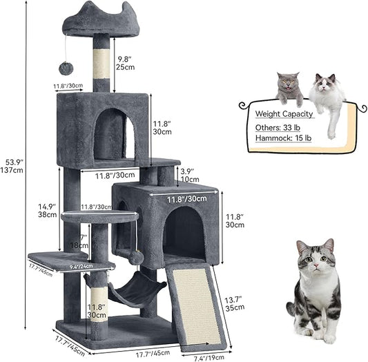 DWVO 54 in Multi-Level Cat Tower: Cats Tree for Indoor Kittens, Pet Furniture with Kitty Condos, Sisal Scratching Posts, Plush Perches, Cozy Hammock, Dark Gray