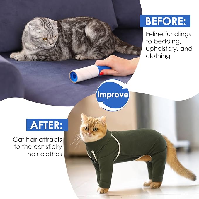 Cat Onesie with Legs - Army Green, XS - Cat Hair Sticky Onesie, Sphynx Cat Clothes, Cat Pajamas for Cats, Recovery Suit for Female Cats, Prevents Hair Loss Kitten Pajamas Costumes Outfits