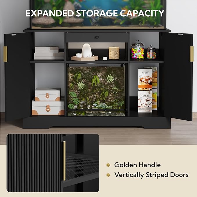 120 Gallon Reptile Tank Stand, Heavy Duty Large Aquarium Stand with Pull-Out Drawer and Double Door Cabinets, Reptile Terrarium Table for Turtle Tanks, Fish Tank Accessories Storage, Black