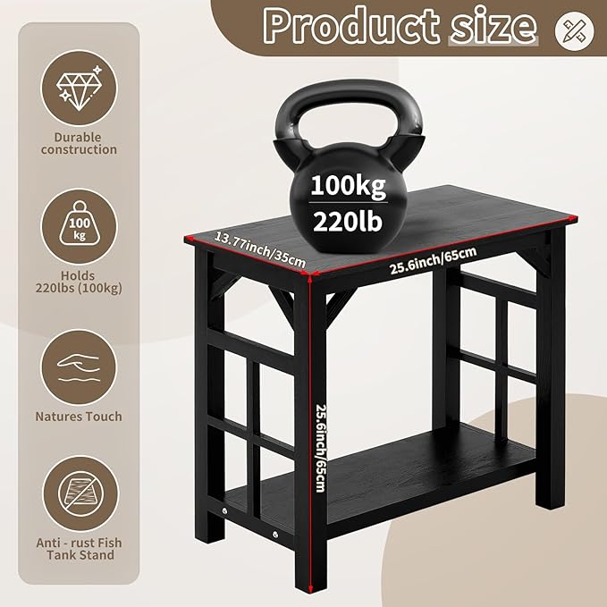 Solid Wood 10-20 Gallon Fish Tank Stand Heavy Duty Aquarium Terrarium Stand for Home Office Fish Tank Shelf Table, Black, 25.5 x 14 x 24.4 Inch