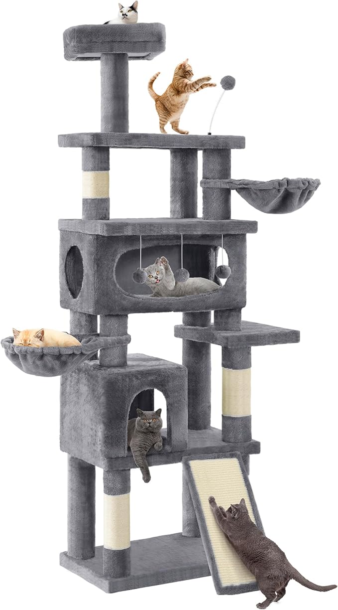 Cat Tree for Indoor Cats Large Adult, 76'' Tall Cat Tower with Scratching Post, Multi-Level Plush Cat Condo for Adult Cats, Cat Tree Tower with Hanging Balls/Wide Base/Cozy Basket and Hammock