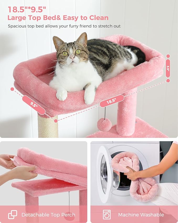 Pink Cat Tree for Large Cats with Super Large Top Perch,56.2" Multi-Level Tower for Indoor Cats with Hammock, Cat Shelves with Scratching Posts and 2 Condos Houses, Pink